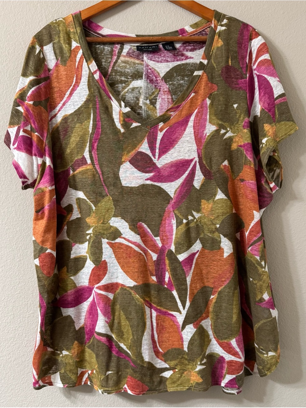 Tahari Women’s 2X Linen Short Sleeve Lightweight Fall Colors Stretch Comfort